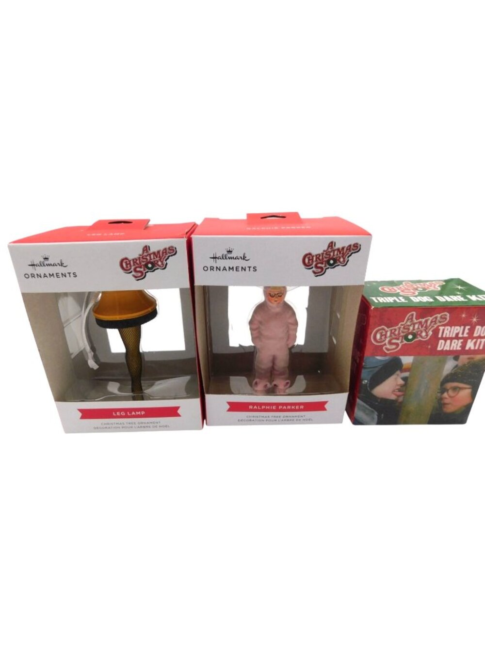 A Christmas Story Hallmark Ornaments Triple Dog Dare Kit Leg Lamp Pink Bunny